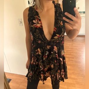 Free People She Moves Black Floral Print Lace Slip Dress